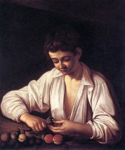 Boy Peeling a Fruit